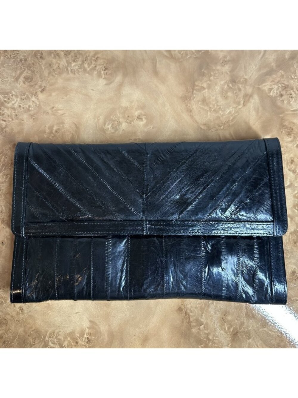 Vintage Black Eelskin Leather Shoulder Bag Clutch Purse Korea - Picture 3 of 10